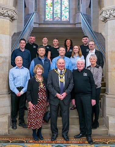 Representatives of Hanson Springs and Emerson join Rochdale Mayor Councillor Mike Holly in Rochdale Town Hall