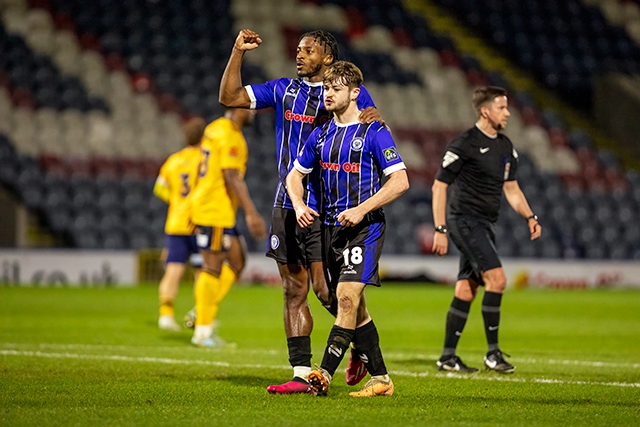 Devante Rodney and Cian Hayes celebrate Hayes' goal