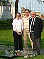 Laurie Kazan Allan, SSV campaigner Mick Coats and Dr Deleuil at the Asbestos Memorial opposite Rochdale Town Hall.