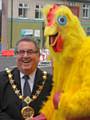 The Fancy Dress Shop Rochdale formally opened by the Mayor Cllr Peter Rush with help from a Big Chicken