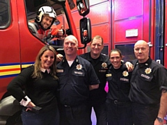 Chef Adam Reid with presenter Vicky Grimes, Watch Manager Mark Bamford, Firefighter Pete Griffiths, Firefighter Kate Lonsdale and Crew Manager Dave Dodson