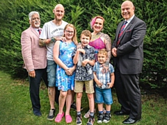 Doug Smith (left) and John Taylor (right) of Rochdale Freemasons with the Wardley Family - Chris, Roxi-Blue, River, Jenni and Ocean