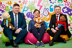 Jon Kane, trainee area sales manager for Redrow Homes (left) and Redrow sales consultant Michael Deegan (right) met bereavement support worker Nicola Isherwood (centre) at Once Upon a Smile’s headquarters