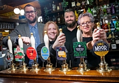 The team from festival main stage sponsor The Lancashire Hospitality Co-operation behind the bar at The Baum in Rochdale (Left to right: John Hudson, landlord at The Baum, Sarah Boothman from The Lancashire Hospitality Co-operation, Ben Boothman and Patricia Boothman)