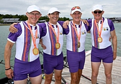 The successful Masters G (65-70) quadruple scull receiving their gold medals. L-R: Graham Price (Newark), Ian Walter (Newark), Keith Lawton (Hollingworth Lake) and Nigel Price (Hollingworth Lake)
