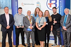 Rochdale Training 49th Apprenticeship Awards with MP for Rochdale Tony Lloyd far right,, Mayor Mohammed Zaman, Rochdale Training Chief Executive, Jill Nagy (centre) Paul Simkiss Managing Director of Simkiss Control Systems Ltd (far left), 
