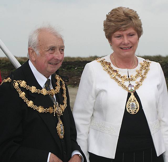 Mayor of Bury, Councillor Jack Walton, Mayor of Rossendale, Councillor Joyce Pawson, at the opening of the wind farm.