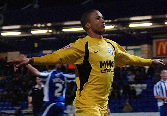 Joe Thompson celebrates last night's goal, his fourth in two games, in front of the Dale fans.