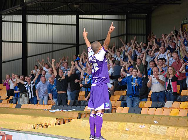 Joe Thompson celebrates his goal in front of the Dale fans.