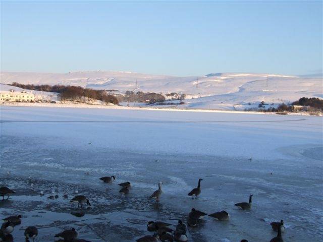 Hollingworth Lake iced over with snow