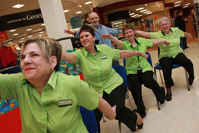 Asda colleagues with Mind and Body Natural Health Centre in Bury staff pictured at Asda store, Rochdale. 
Left to right, Chris Powell,  Eileen Shippam,  Geri O Hara, Dorothy Meyrick with yoga instructor Barry Todd
