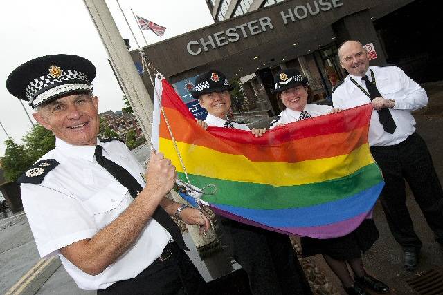 Chief Constable Peter Fahy, Sgt. Jane Morgan-Hawcroft - Vice-Chair of LAGSA (Lesbian and Gay Staff Affiliation), Assistant Chief Constable Dawn Copley and PC Bernie Clifton. 

