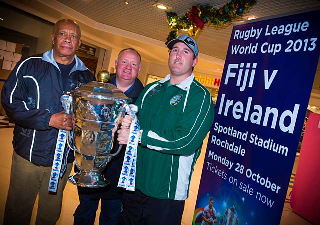 Michael Ratu one of the original Fijian pioneers, Mark Wynn and Ged Corcoran from Rugby League Ireland with the Rugby League World Cup.  Both Hornets and the town have a long association with the local Fijian community, which is the largest outside London