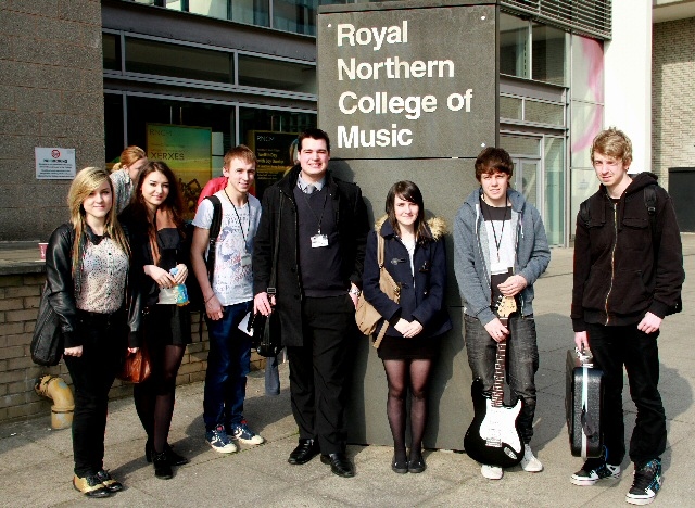 Rochdale Sixth Form College students arrive for rehearsals -  Teacher James Reevell (centre) with from left to right:  Catherine Ayres, Alicia France, Bradley Harrison, Amy Upton, Calum McIvor, Nathan Hobson

