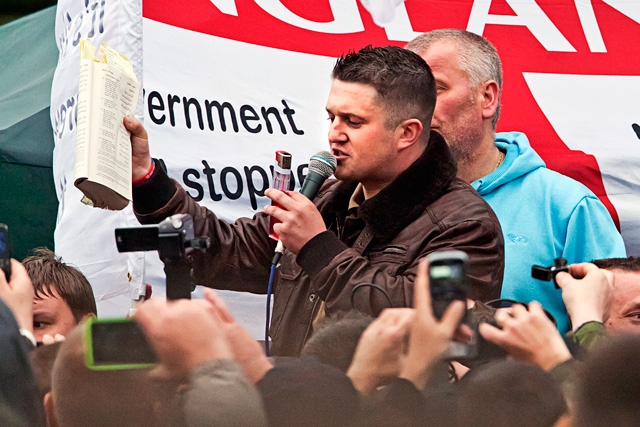 Leader of the EDL, Tommy Robinson speaking at the EDL demo in the town centre