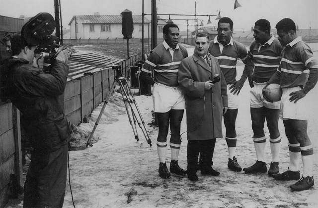 Voate Drui, Orisi Dawai, Joe Levula and Liatia Ravouvou being interviewed by Eddie Waring at Hornets in 1963