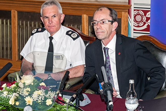 GMP Chief Constable, Sir Peter Fahy and Council Leader, Colin Lambert<br /> address a press conference at Rochdale Town Hall