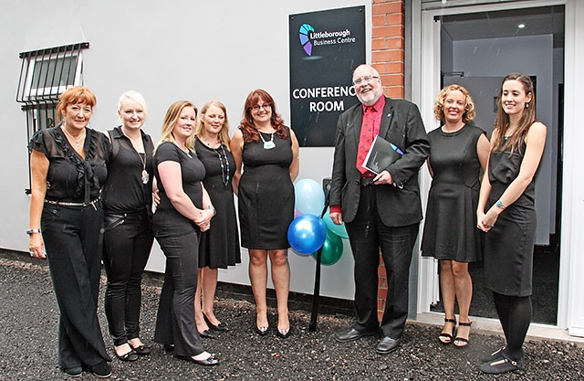 Rochdale Online Director John Kay opens Littleborough Business Centre accompanied by owners Karen Simpson and Heather Wild and staff
