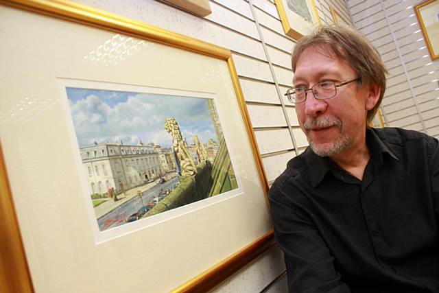 Geoff Butterworth, pictured with one of his paintings at his gallery in the Rochdale Exchange