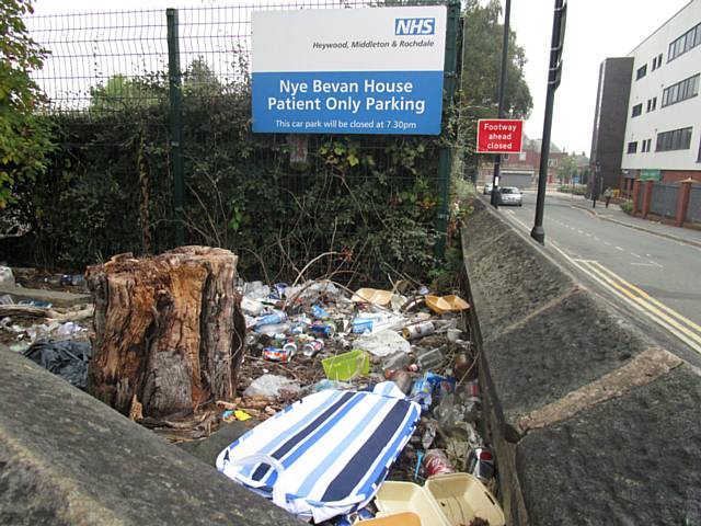 The car park of NHS Nye Bevan near Rochdale metro and railway station before the clean up 