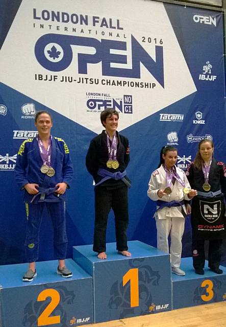Sophie Cox wins Gold at featherweight in the Masters blue belt category at the London Fall Open IBJFF (International Brazilian Jiu Jitsu Federation) Competition 