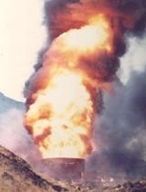 Flames shooting from a ventilation shaft during the Summit tunnel fire on 20 December 1984
