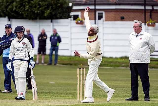 Official opening of the new Pennine Cricket League<br />Opening delivery by 82-year-old Cec Wright<br > Tommy Lees, an U13 player is the batsman representing Oldham district teams