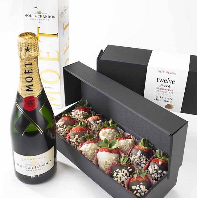 Moet & Triple chocolate Strawberries: This classy gift hamper contains a bottle of the finest Moet & Chandon Champagne and a box of our finest triple chocolate & Nut coated Strawberries. A unique gift for any occasion