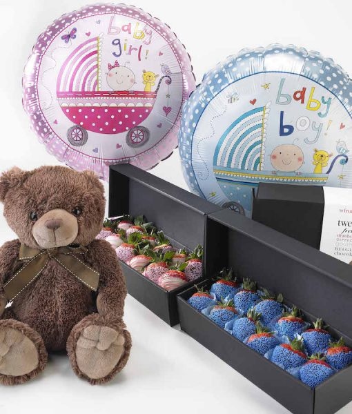 New Arrival Gift Bundle: A fantastic way of welcoming a new born baby into the world! The gift bundle includes:
1 x Boy/Girl balloon; 1 x Teddy Bear; 1 x Gift box of our Pink/Blue strawberries dipped in the finest Belgian chocolate