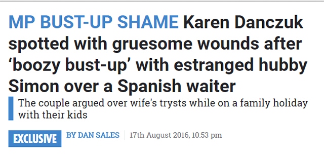 Sun headline: 'Karen Danczuk spotted with gruesome wounds...'