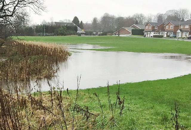 Flooding on Heritage Green, the field at the junction of Caldershaw Road and Cut Lane, Norden