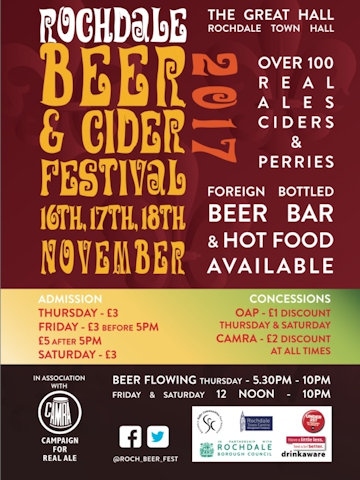 Rochdale Beer & Cider Festival, Rochdale Town Hall, Thurs  5.30pm - 10.00pm, Fri & Sat 12noon - 10pm