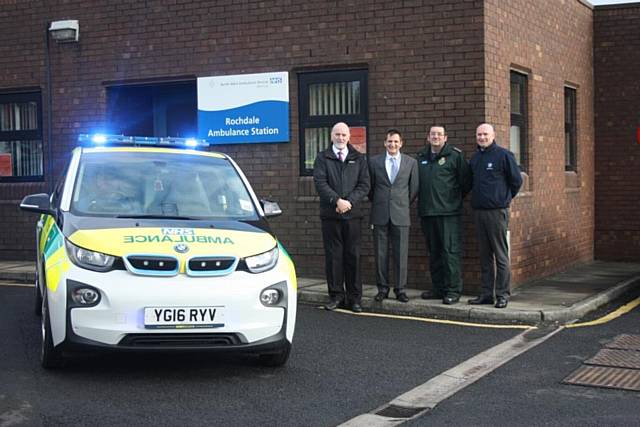 Stuart Rankine, Neil Maher, Gary Eaton, Nick Withington, test out the new electrically powered rapid response vehicle at Rochdale ambulance station