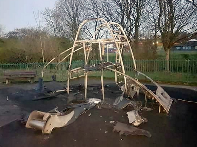 The new pirate ship equipment at the Caldershaw play area gutted by fire