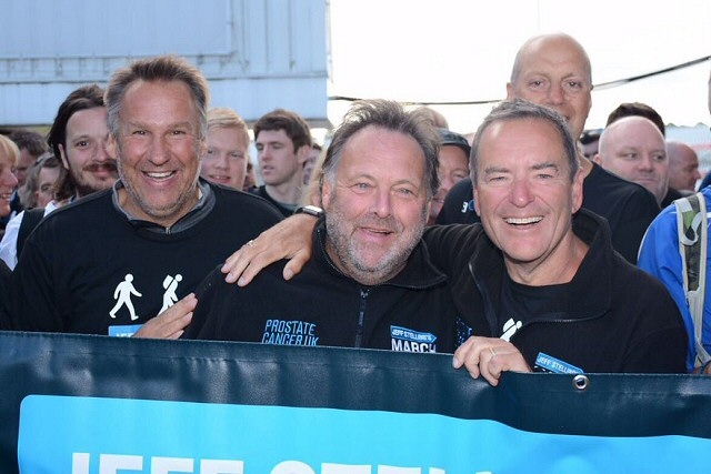 Russ Green (centre) with ex-footballer Paul Merson (left) and Jeff Stelling (right)