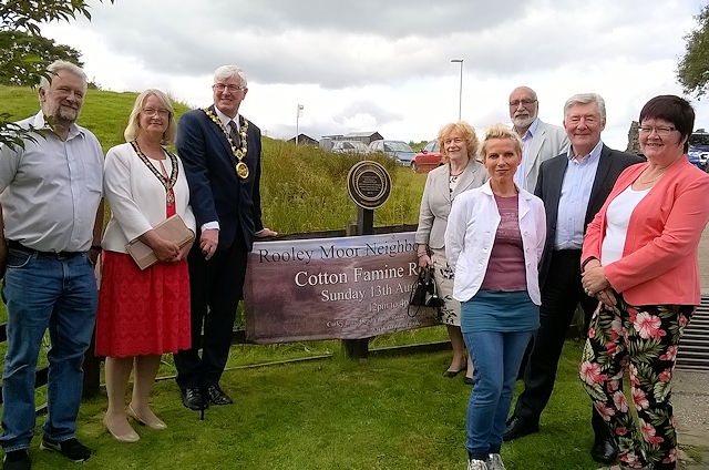 Alan Rawsterne, The Mayor and Mayoress, Ian and Christine Duckworth, Cecile and Surinder Biant,, Tony Lloyd MP, Sue Devaney and Janet Emsley, at the Cotton Famine Road