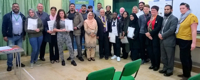 Newly-qualified community and sports leaders with Mayor Mohammed Zaman and Councillors Allen Brett, Janet Emsley and Sameena Zaheer, alongside course directors and community members