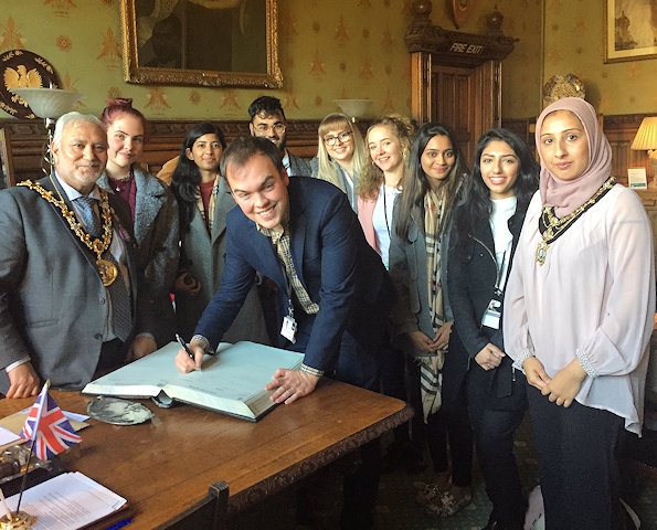 Mayor Mohammed Zaman and Mayoress Naaira Zaman with students from Rochdale Sixth Form College 