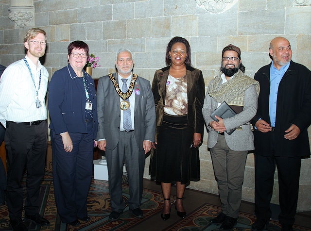 Mayor Mohammed Zaman with Community Officer Carlo Schröder, Cllr Emsley, Nicky T Iginla, Imam Hassanat and Tahir Mahmood from Rochdale Council of Mosques