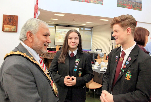 Mayor Mohammed Zaman speaking to the Head Boy and Girl at Siddal Moor Sports College 50th Anniversary celebrations