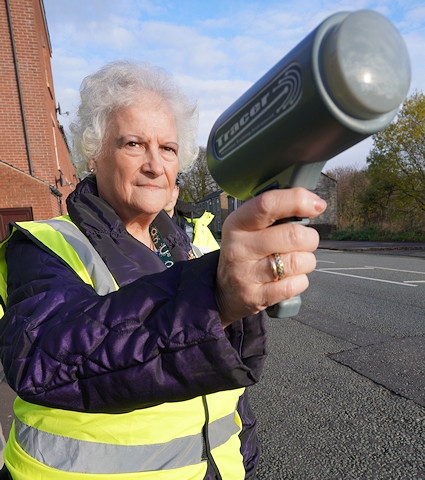 Councillor Ann Stott with a speed gun
