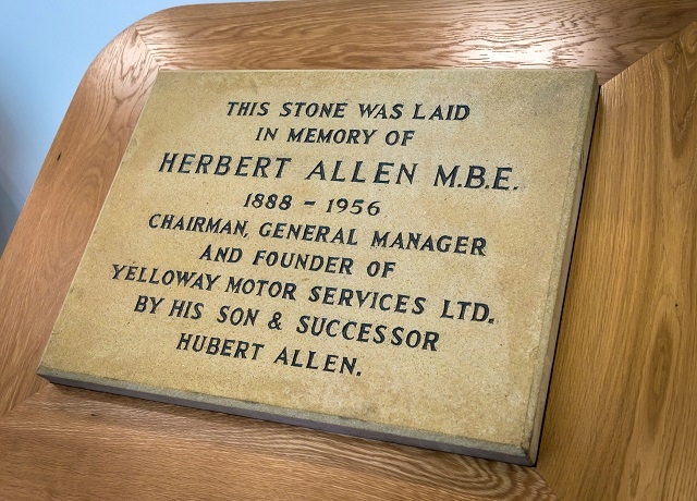 The restored memorial stone originally placed in the wall of the new travel centre by Hubert Allen in memory of his father back in 1969 and now unveiled by his family on the ground floor of Number One Riverside in Rochdale