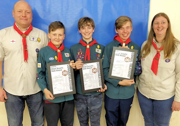 Scout Leader Malcolm Fallon, Aiden Fallon, Rhys Connah, Connor Marshall, Group Scout Leader Steph Banks