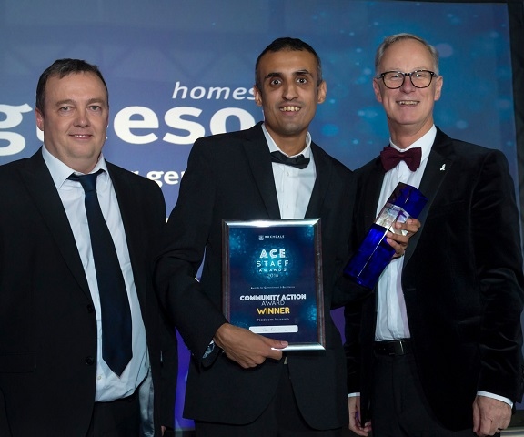Nadeem Hussain won the Community Action Award, presented by John Mooney from Gleeson Homes