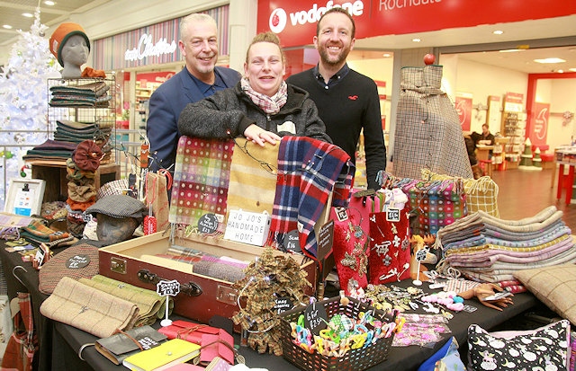 Rochdale Exchange Shopping Centre Manager, Lorenzo O'Reilly with Town Centre Manager Paul Ambrose and Joanna Jones, owner of Jojo's Handmade Home