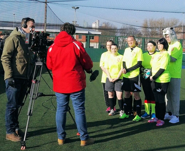 Springside Primary Special School football team being filmed for the BBC People’s FA Cup Tournament along with their mascot