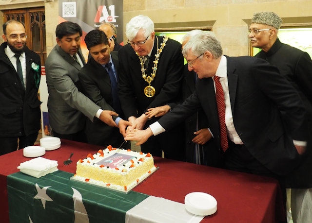 Cutting of the Pakistan cake by The Mayor, Ian Duckworth, Tony Lloyd MP, and members of the Pakistani community commemorate Pakistan Day