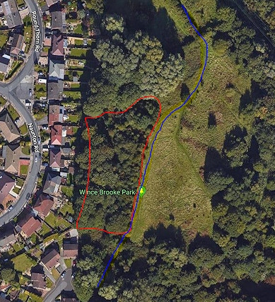 Part of the route for the proposed path running through Wince Brook (blue), and the location of planted bluebells and wild garlic (red)