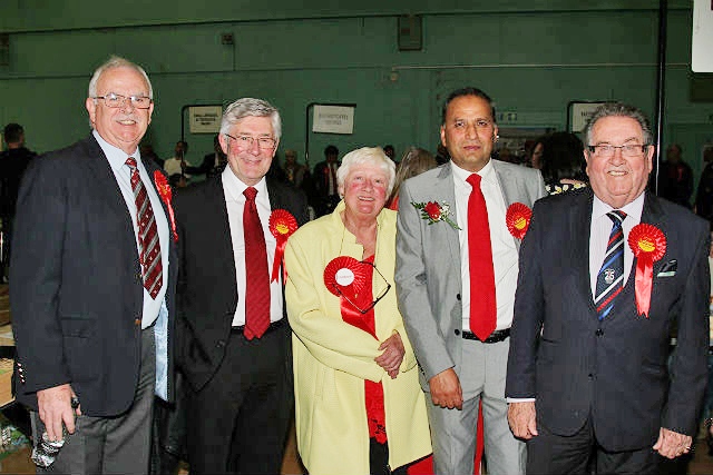 Councillor Ray Dutton, Rochdale MP Tony Lloyd, Councillor Carol Wardle, Councillor Aftab Hussain and Councillor Peter Rush delighted with the Labour results