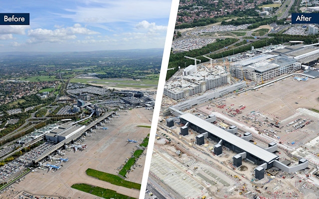 Manchester Airport before and after